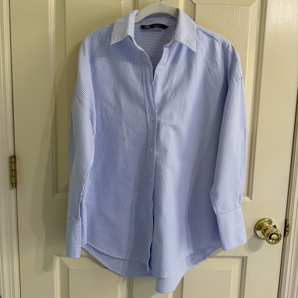 Zara Light Blue/ White Stripe Button Up Shirt